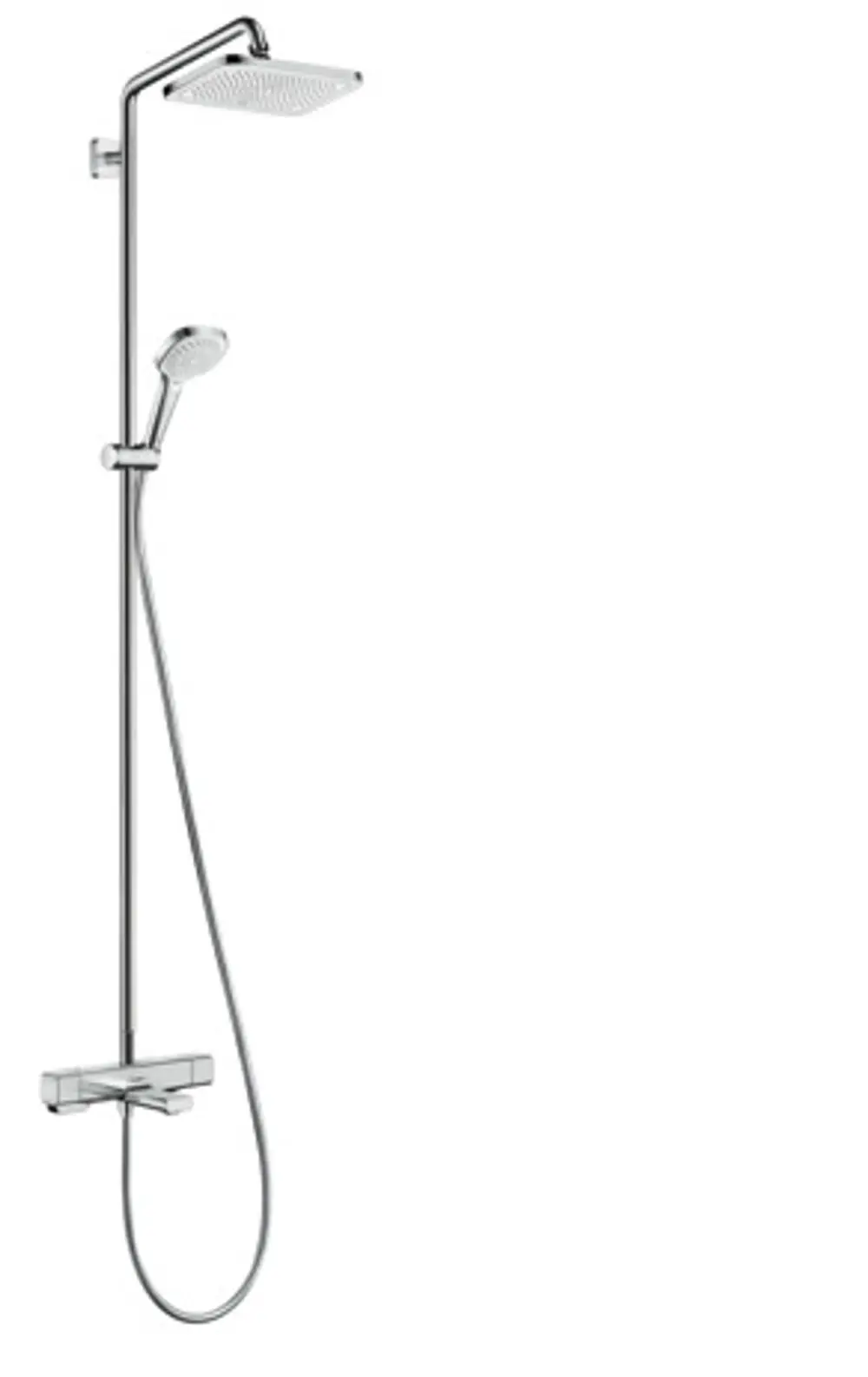 Hansgrohe Duschpaneel mit overhead Dusche und Handbrause, kombinierter Thermostatarmatur, verchromte Oberfläche, einfache Montage.